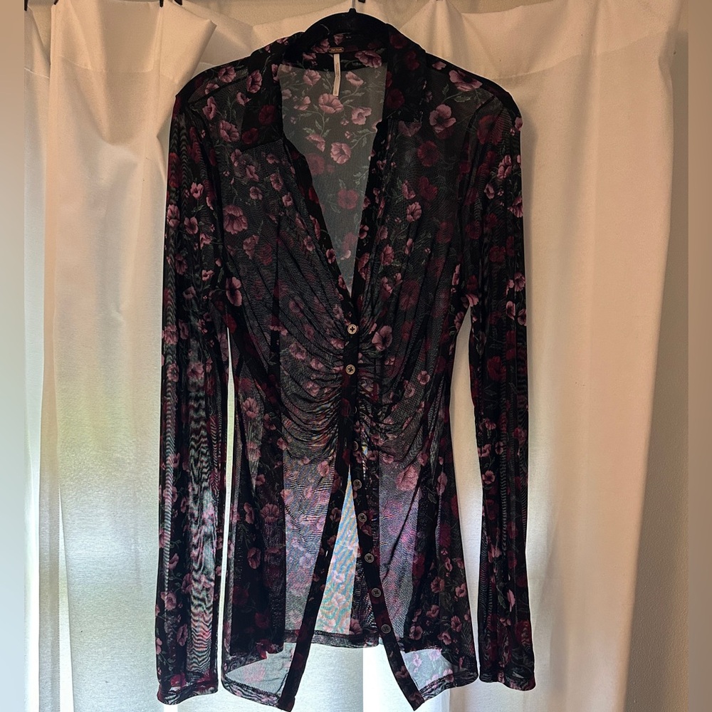 Free People Lucky Shirtee - Floral Sheer Long Sleeve Blouse